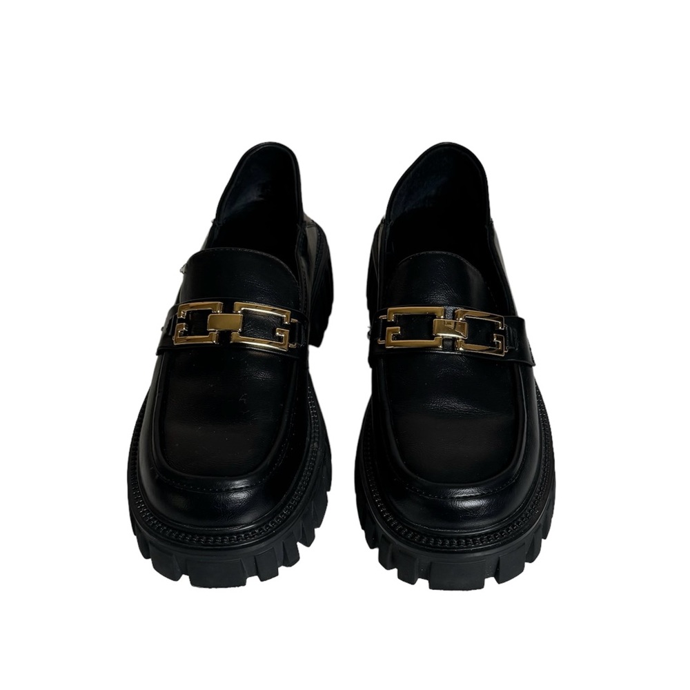 Lattelier Black Leather Platform Loafers Gold Chain Size 9 or 240 or 1.5…